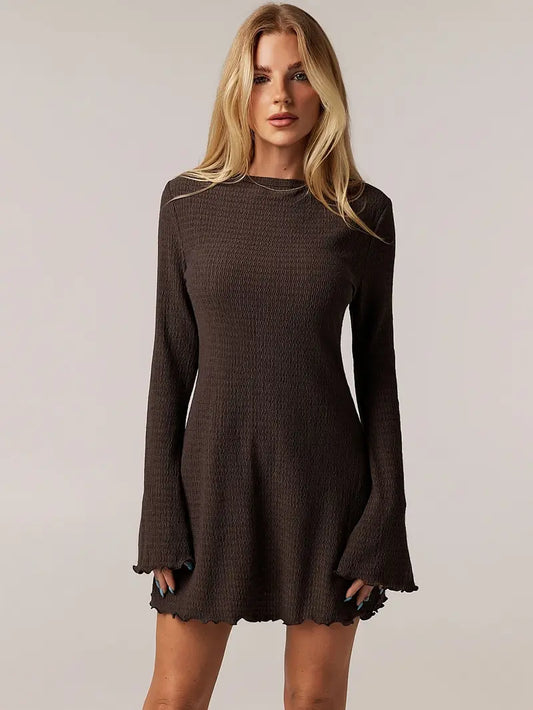 Women's Casual Elegant A-Line Dress with Flared Long Sleeves - Solid Brown Round Neck Machine-Washable Spring/Fall Dress for Casual & Semi-Formal Occasions