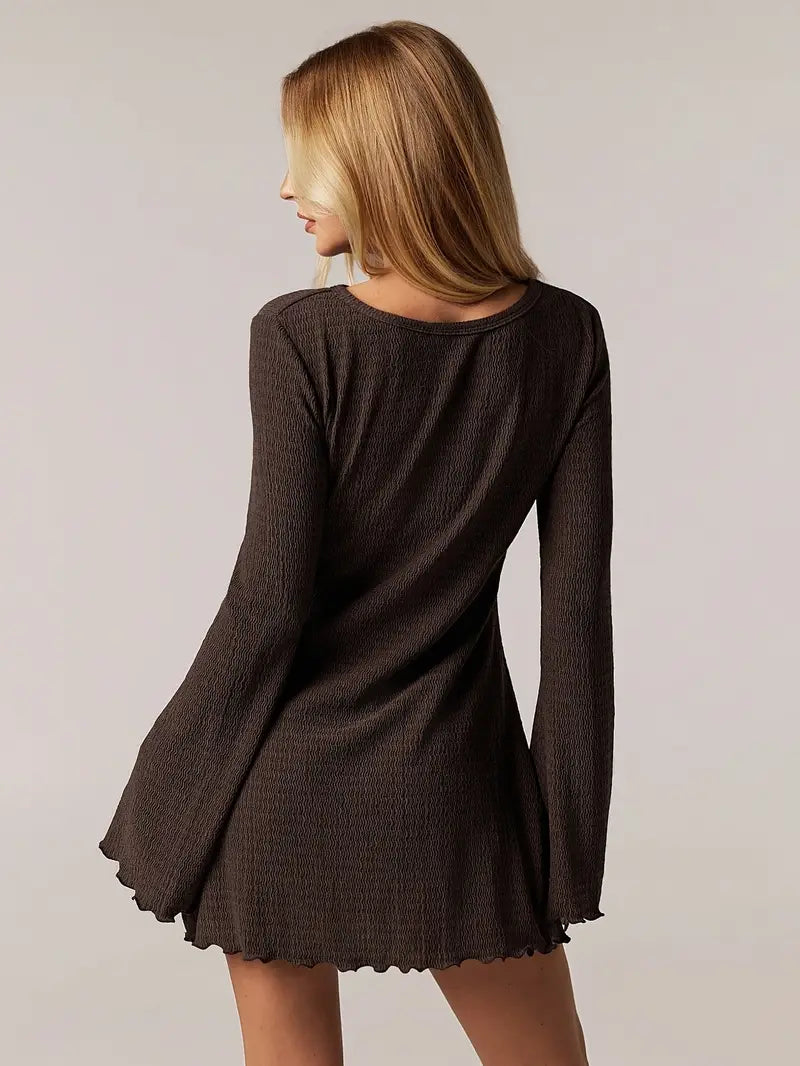 Women's Casual Elegant A-Line Dress with Flared Long Sleeves - Solid Brown Round Neck Machine-Washable Spring/Fall Dress for Casual & Semi-Formal Occasions