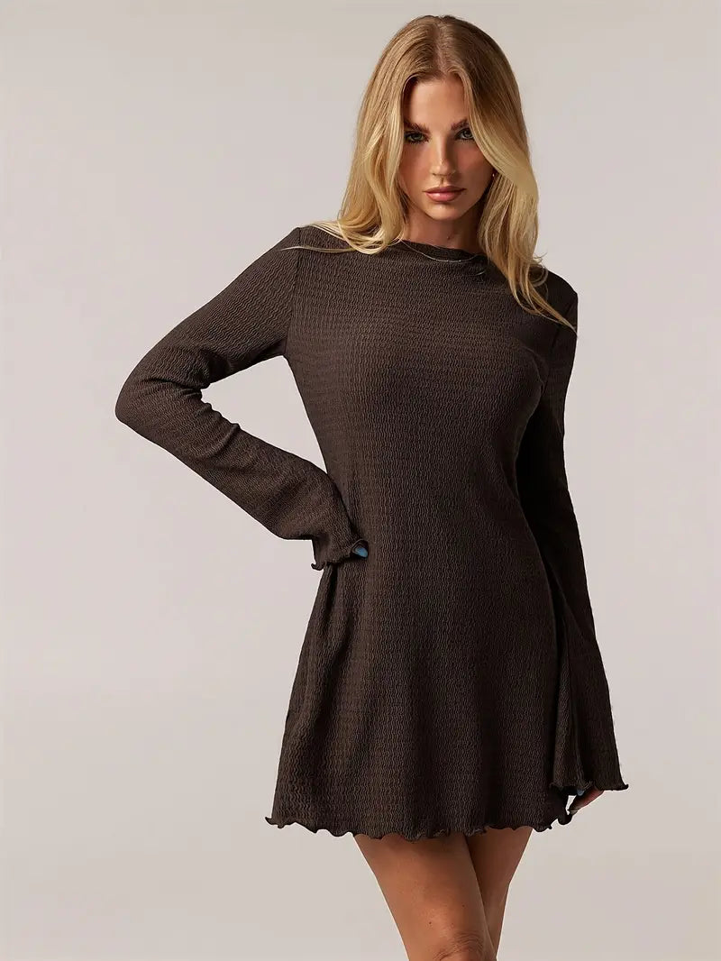 Women's Casual Elegant A-Line Dress with Flared Long Sleeves - Solid Brown Round Neck Machine-Washable Spring/Fall Dress for Casual & Semi-Formal Occasions
