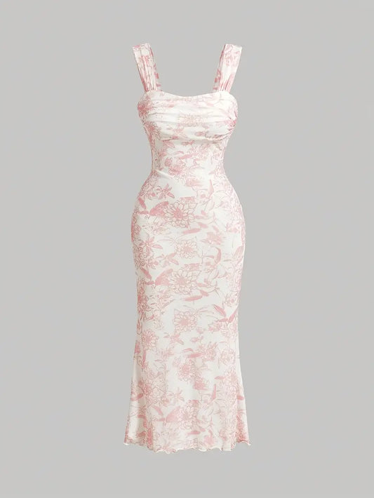 Elegant Floral Print Double Layer Maxi Dress with Popover Detail - Sleeveless, Ruched Bodice, Flowing Design for Spring/Summer, Pink Floral Pattern, Perfect for Vacation or Casual Outings, Elegant Attire | Floral pattern Dress | Popover Detailin