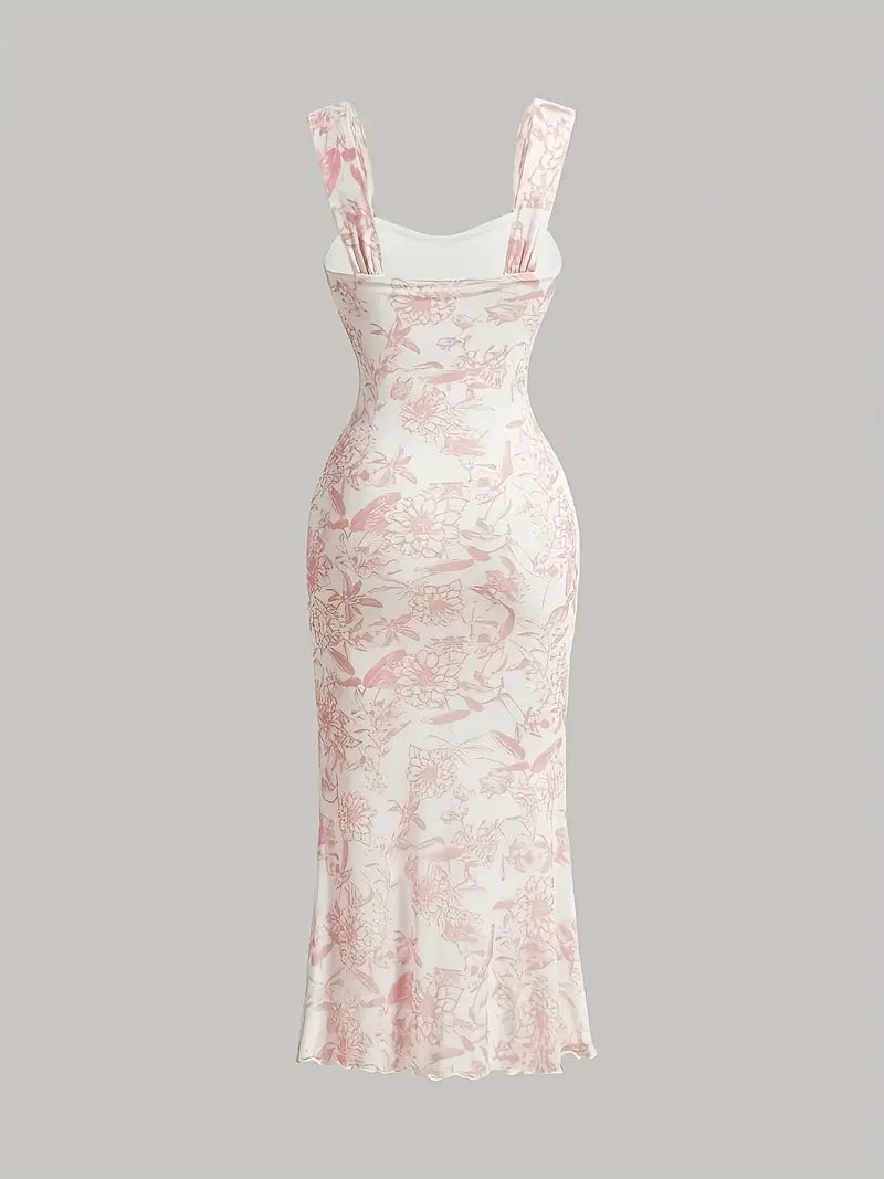 Elegant Floral Print Double Layer Maxi Dress with Popover Detail - Sleeveless, Ruched Bodice, Flowing Design for Spring/Summer, Pink Floral Pattern, Perfect for Vacation or Casual Outings, Elegant Attire | Floral pattern Dress | Popover Detailin