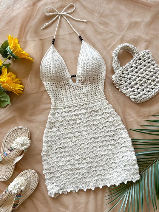 Women's Sexy Summer Halter Neck Backless Beach Dress - Semi-Sheer Lace Panel Adjustable Tie Front & High-Low Hem, Lightweight Solid Color Swimsuit Cover-Up for Poolside, Vacation, Casual Outings, Poolside Apparel, Elegant Simplicity