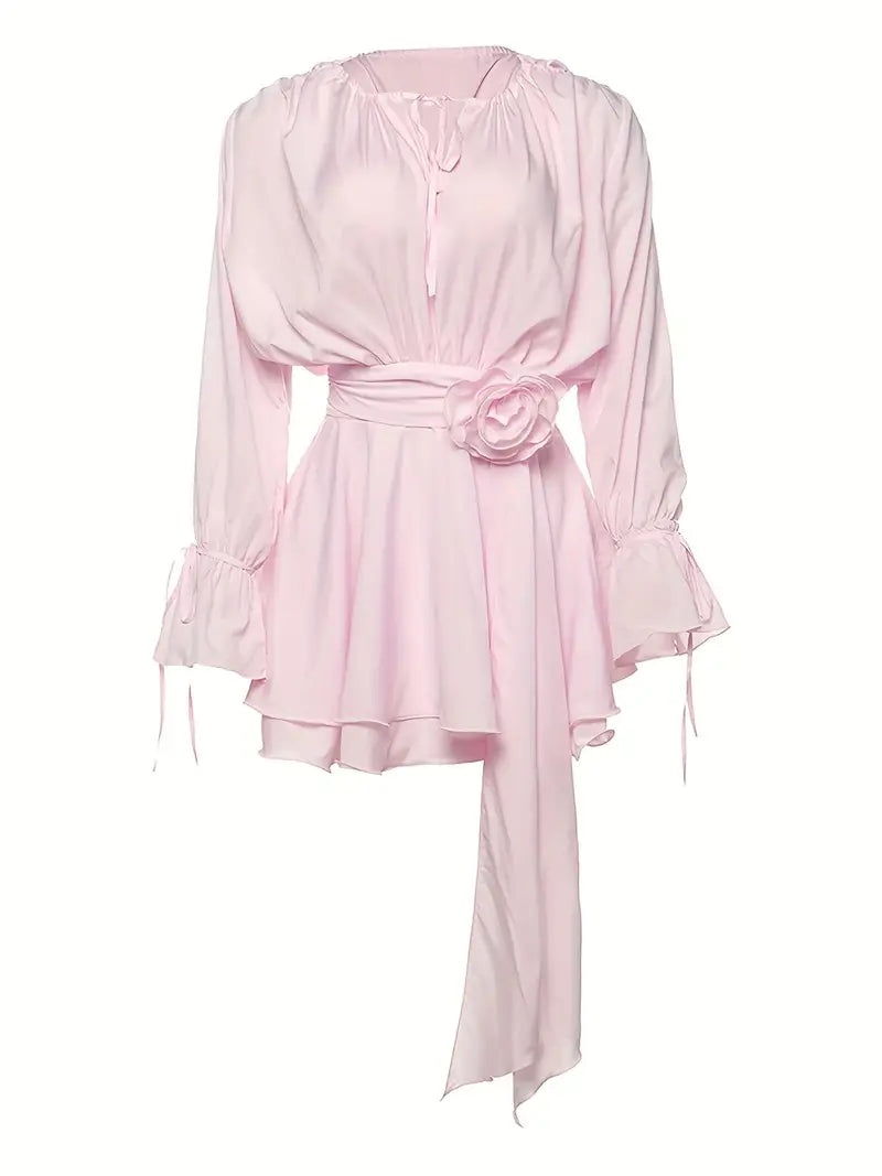 Women's Elegant White Puff Sleeve A-Line Dress with Tie-back Waist & V-Neckline - Sexy Formal & Everyday Evening Outfits, Machine Washable Floor-Length Party Dress for Women, Spring/Fall Events, Prom, Galas, Casual Outings