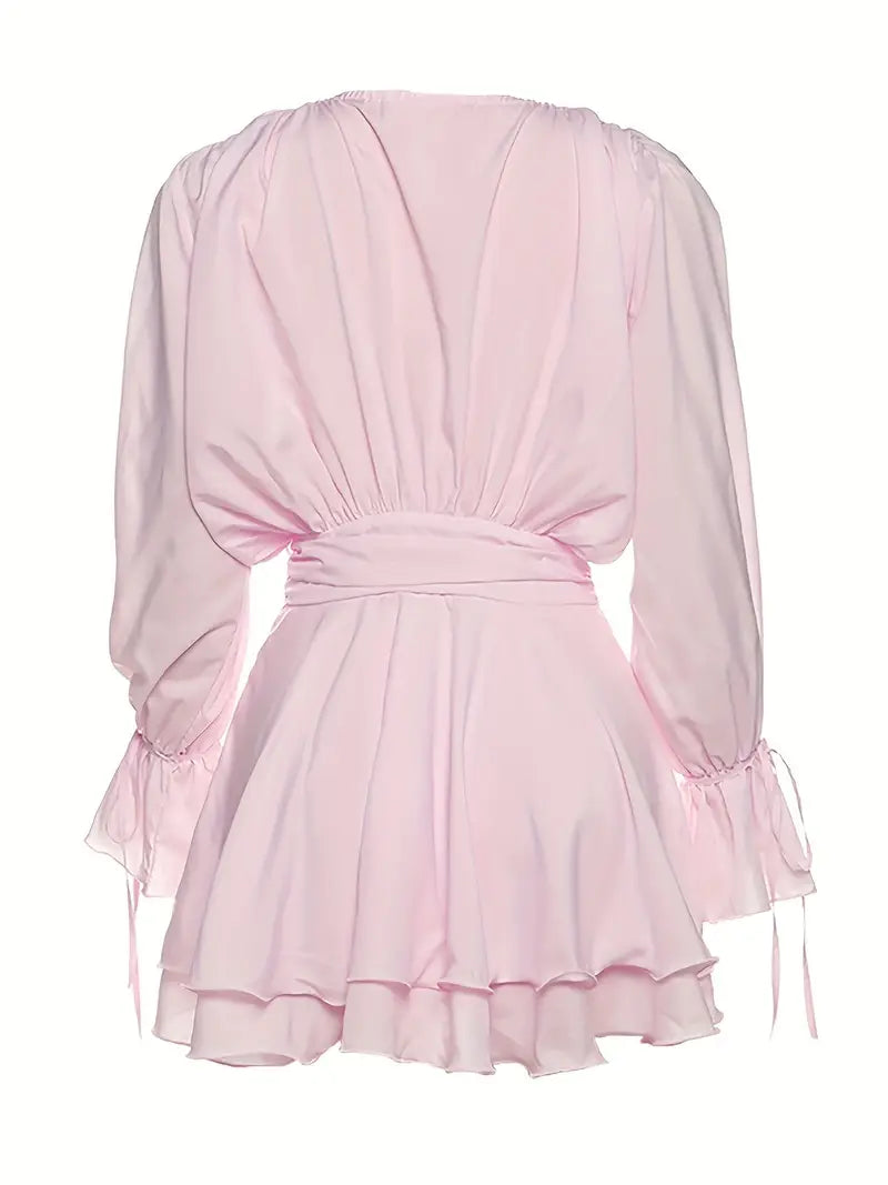 Women's Elegant White Puff Sleeve A-Line Dress with Tie-back Waist & V-Neckline - Sexy Formal & Everyday Evening Outfits, Machine Washable Floor-Length Party Dress for Women, Spring/Fall Events, Prom, Galas, Casual Outings