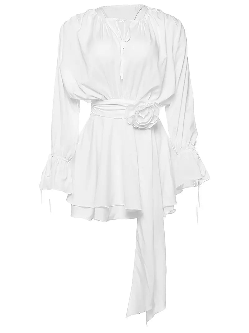 Women's Elegant White Puff Sleeve A-Line Dress with Tie-back Waist & V-Neckline - Sexy Formal & Everyday Evening Outfits, Machine Washable Floor-Length Party Dress for Women, Spring/Fall Events, Prom, Galas, Casual Outings
