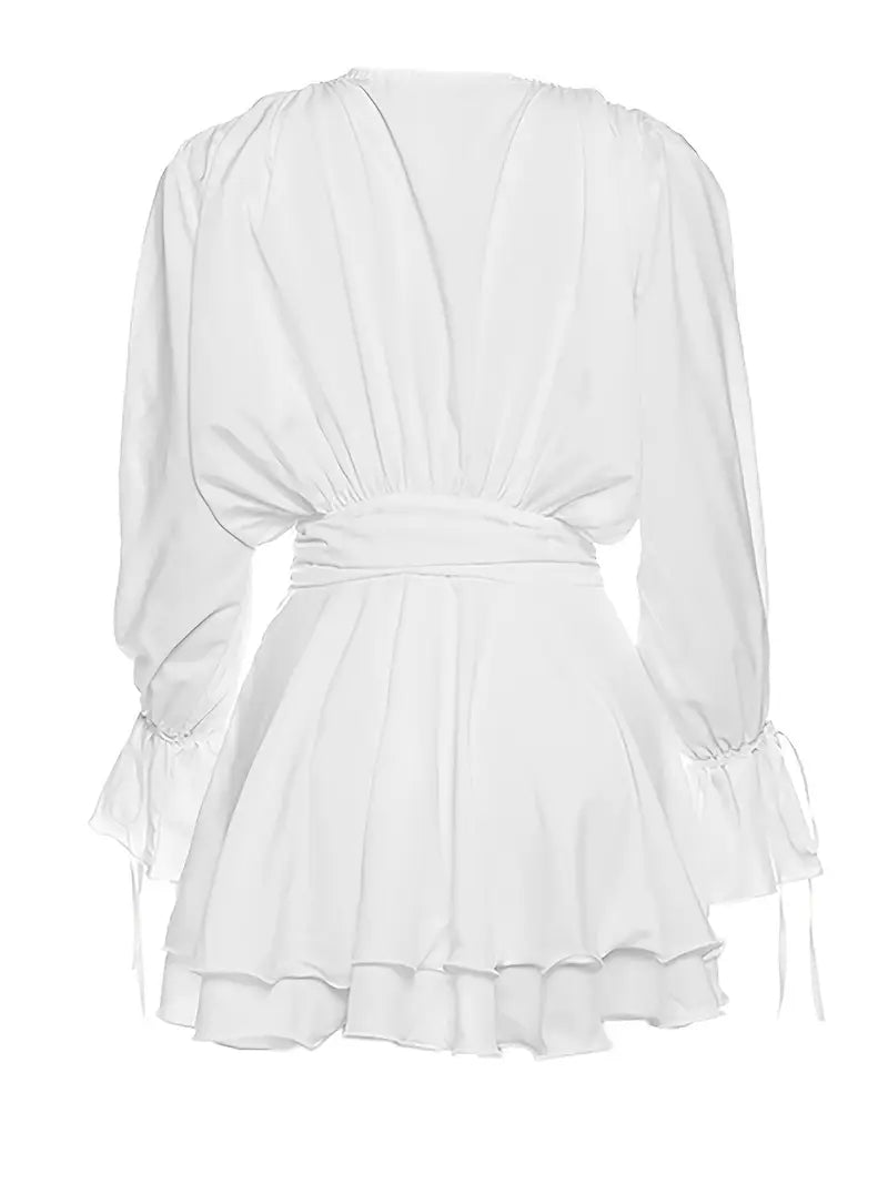 Women's Elegant White Puff Sleeve A-Line Dress with Tie-back Waist & V-Neckline - Sexy Formal & Everyday Evening Outfits, Machine Washable Floor-Length Party Dress for Women, Spring/Fall Events, Prom, Galas, Casual Outings