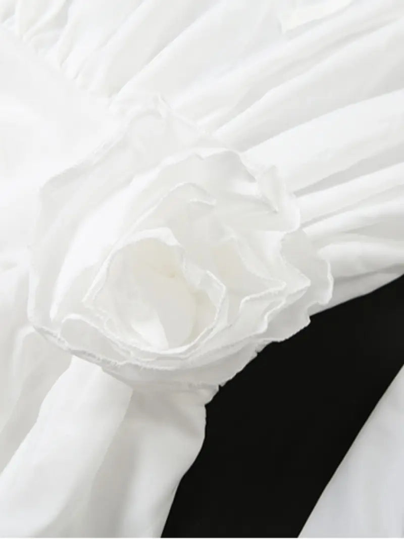 Women's Elegant White Puff Sleeve A-Line Dress with Tie-back Waist & V-Neckline - Sexy Formal & Everyday Evening Outfits, Machine Washable Floor-Length Party Dress for Women, Spring/Fall Events, Prom, Galas, Casual Outings