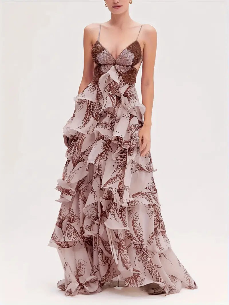Women'S Elegant Maxi Dress with Multi-Layered Ruffled Hem & Butterfly Skirt - A-Line Silhouette, Short Sleeve Round Neck, Loose Fit Long Flowing Dress in Soft Pink & Brown