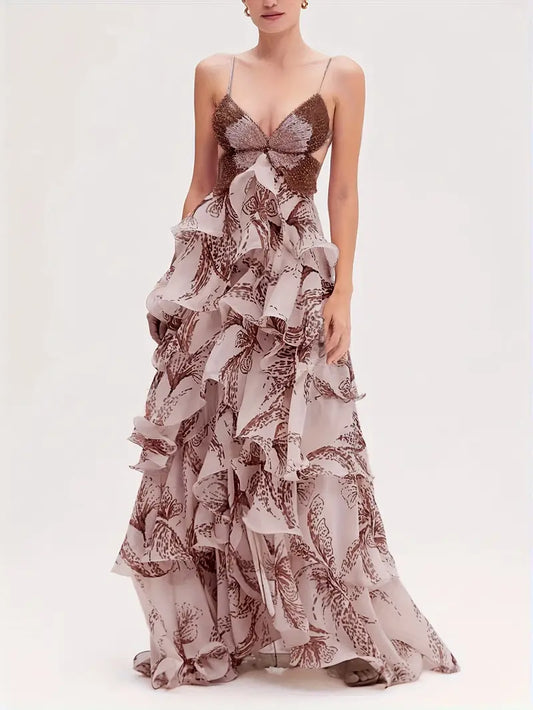 Women'S Elegant Maxi Dress with Multi-Layered Ruffled Hem & Butterfly Skirt - A-Line Silhouette, Short Sleeve Round Neck, Loose Fit Long Flowing Dress in Soft Pink & Brown