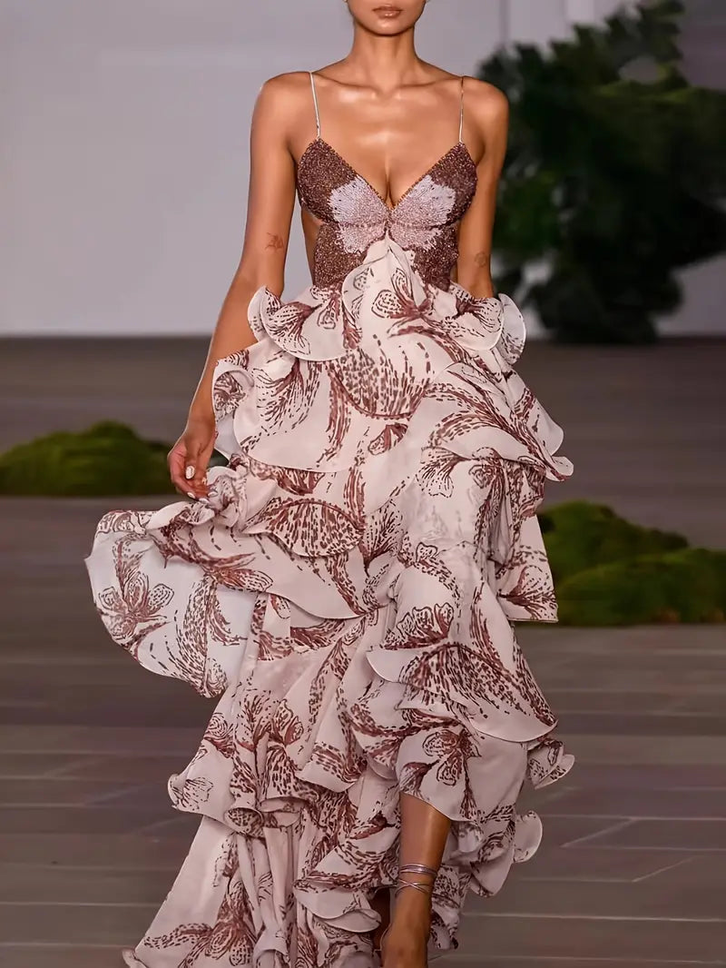 Women'S Elegant Maxi Dress with Multi-Layered Ruffled Hem & Butterfly Skirt - A-Line Silhouette, Short Sleeve Round Neck, Loose Fit Long Flowing Dress in Soft Pink & Brown
