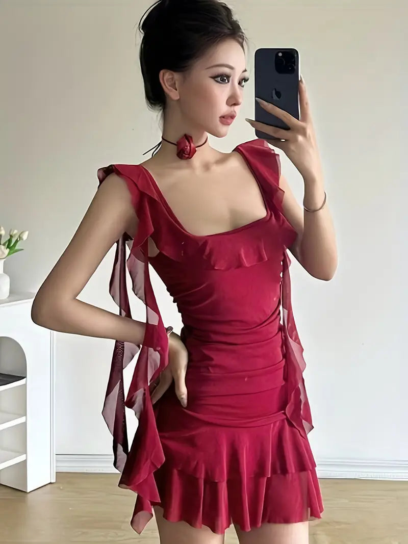Women Asymmetrical Sleeveless Dress Casual Summer Solid Color Ruched Ruffles Mini Party Dress for Beach Club Streetwear