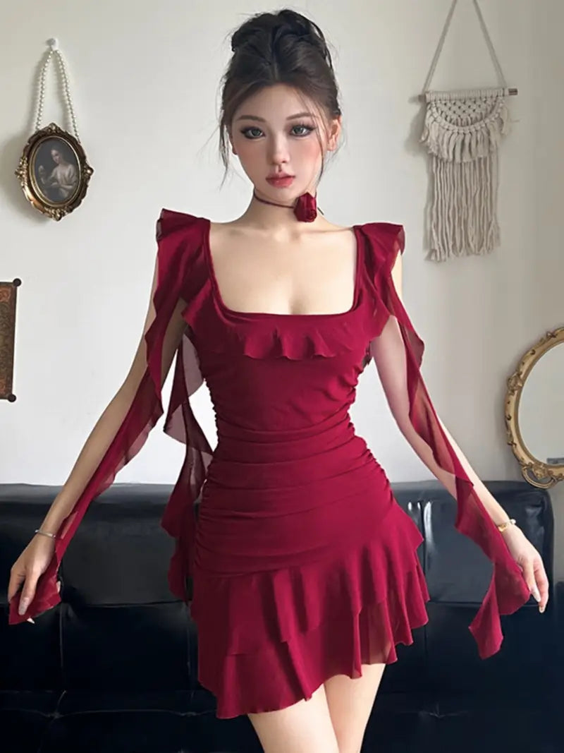 Women Asymmetrical Sleeveless Dress Casual Summer Solid Color Ruched Ruffles Mini Party Dress for Beach Club Streetwear