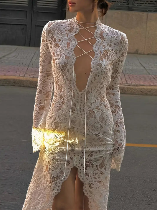 1pc Elegant V-Neck Long Sleeve Lace Maxi Dress for Women - Sheer Floral Polyester with High Slit and Cross Front Tie Detail, Spring/Fall Knit Fabric Fit and Flare Dress