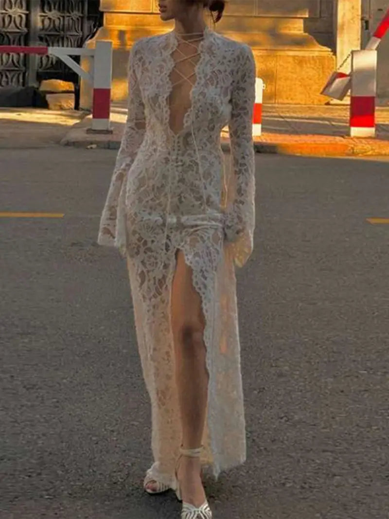 1pc Elegant V-Neck Long Sleeve Lace Maxi Dress for Women - Sheer Floral Polyester with High Slit and Cross Front Tie Detail, Spring/Fall Knit Fabric Fit and Flare Dress
