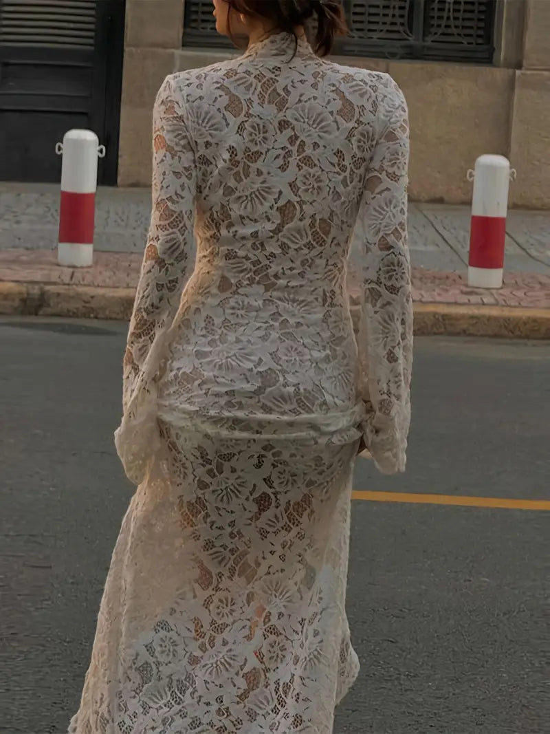 1pc Elegant V-Neck Long Sleeve Lace Maxi Dress for Women - Sheer Floral Polyester with High Slit and Cross Front Tie Detail, Spring/Fall Knit Fabric Fit and Flare Dress