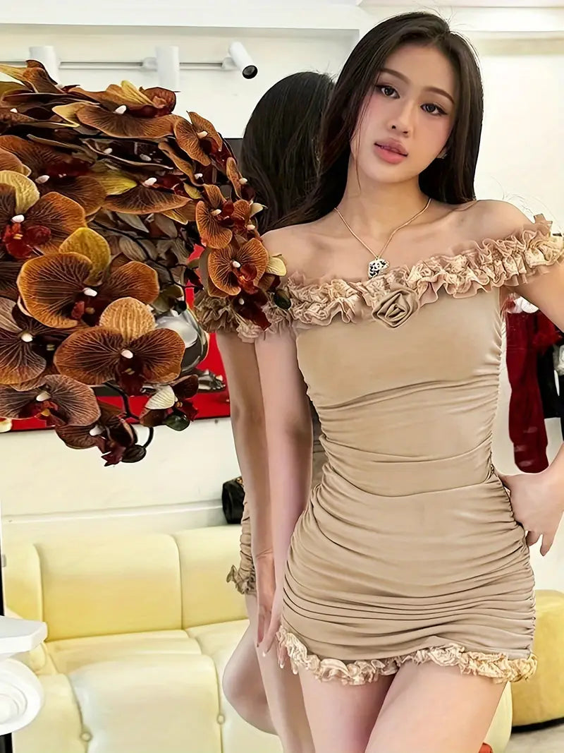 2pcs Women'S Off Shoulder Dress Set, Polyester Knit Fabric, Fitted Sexy Style, Strapless Collar, Solid Color, with Frill Trim and Elastic Waist Lace Shorts, for Spring/Summer/Fall