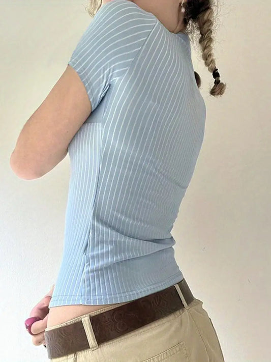 Chic Light Blue Striped V-Neck Blouse for Women - Short Sleeve, Button, Casual Business Style, Breathable Polyester, Machine Washable, Perfect for Summer