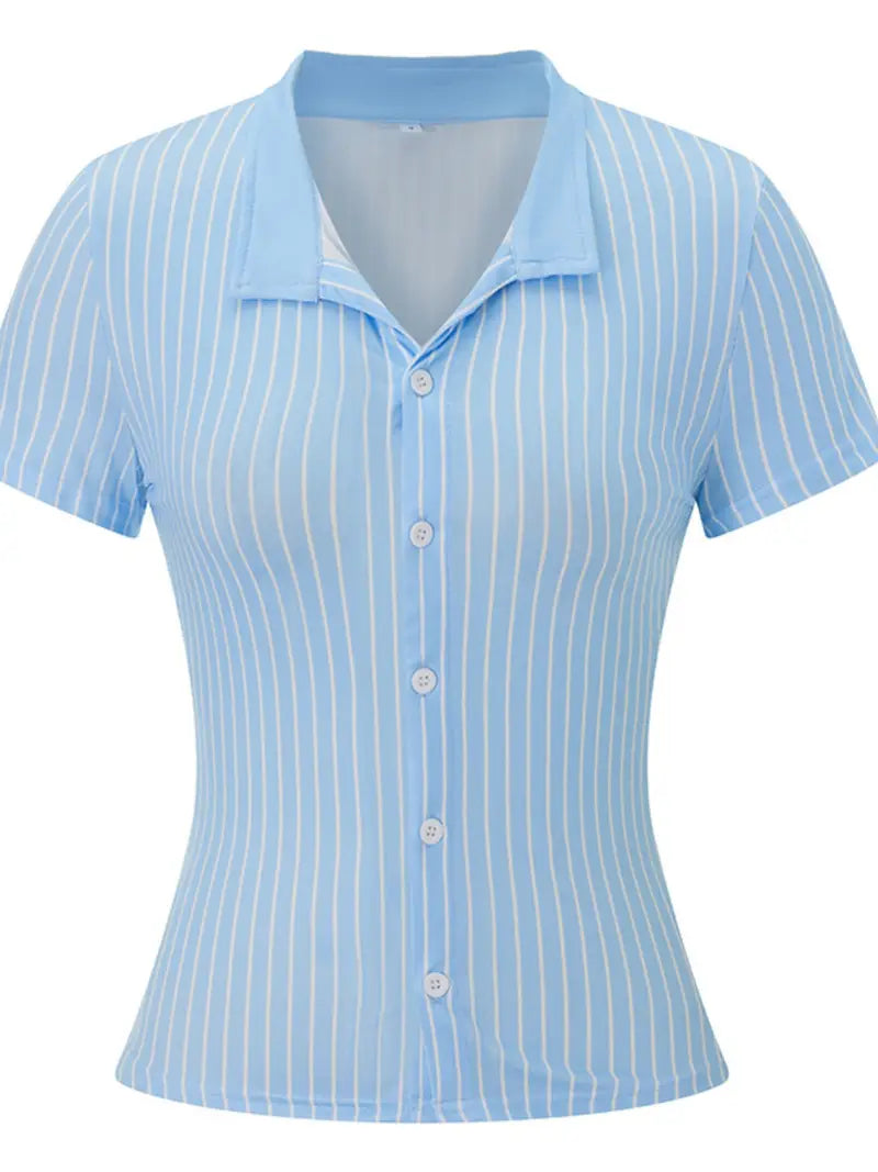 Chic Light Blue Striped V-Neck Blouse for Women - Short Sleeve, Button, Casual Business Style, Breathable Polyester, Machine Washable, Perfect for Summer