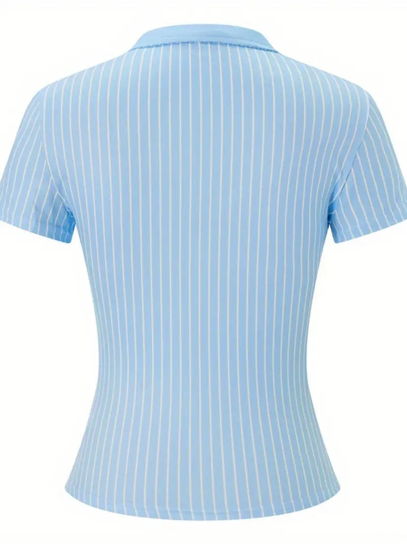 Chic Light Blue Striped V-Neck Blouse for Women - Short Sleeve, Button, Casual Business Style, Breathable Polyester, Machine Washable, Perfect for Summer
