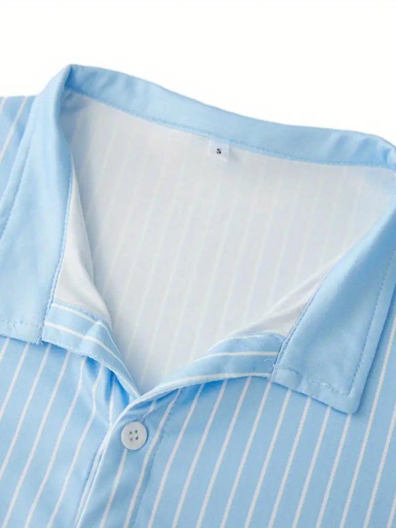 Chic Light Blue Striped V-Neck Blouse for Women - Short Sleeve, Button, Casual Business Style, Breathable Polyester, Machine Washable, Perfect for Summer