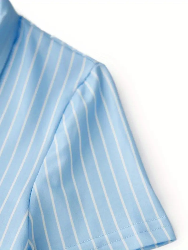 Chic Light Blue Striped V-Neck Blouse for Women - Short Sleeve, Button, Casual Business Style, Breathable Polyester, Machine Washable, Perfect for Summer