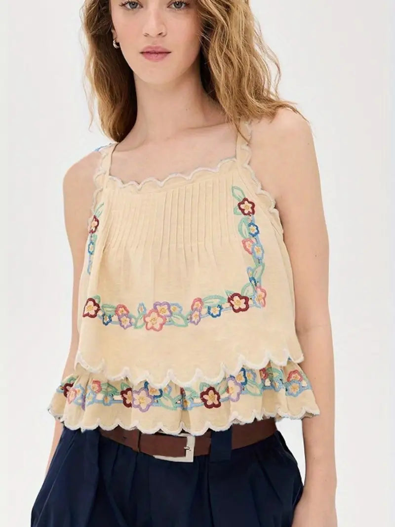 Women's Light Blue Floral Sleeveless Top - Boho-Chic Ruffled Hem & Spaghetti Strap Boat Neck Blouse