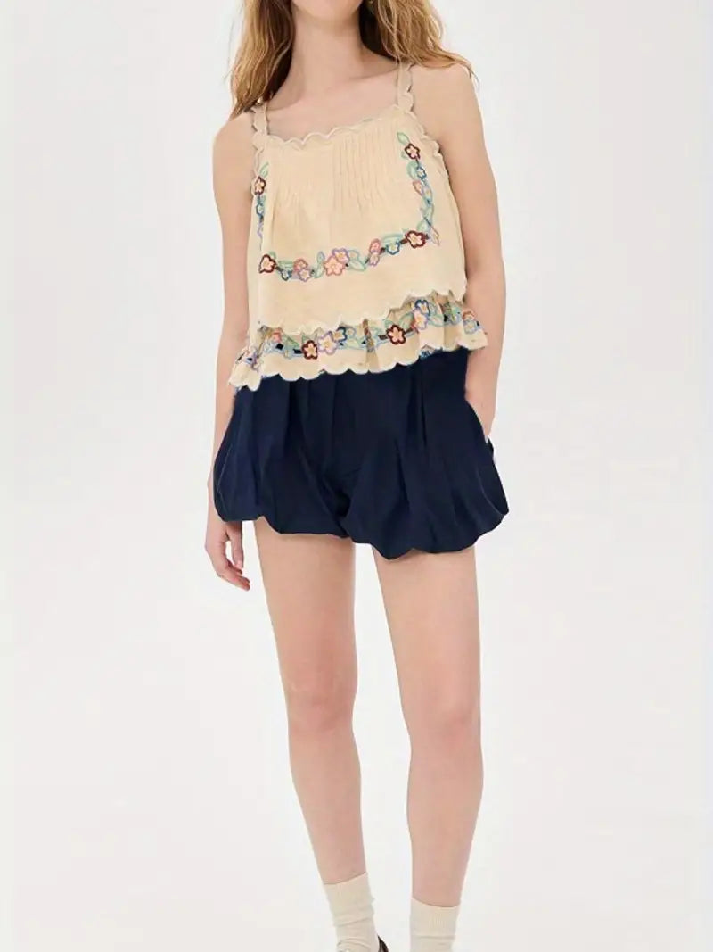 Women's Light Blue Floral Sleeveless Top - Boho-Chic Ruffled Hem & Spaghetti Strap Boat Neck Blouse