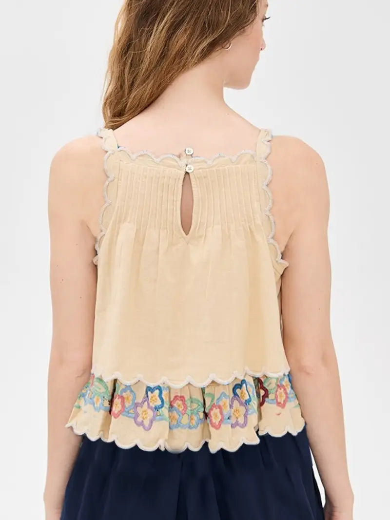 Women's Light Blue Floral Sleeveless Top - Boho-Chic Ruffled Hem & Spaghetti Strap Boat Neck Blouse