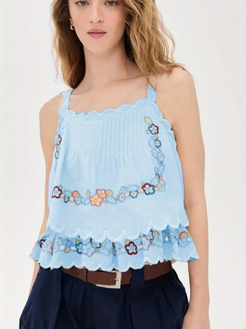 Women's Light Blue Floral Sleeveless Top - Boho-Chic Ruffled Hem & Spaghetti Strap Boat Neck Blouse