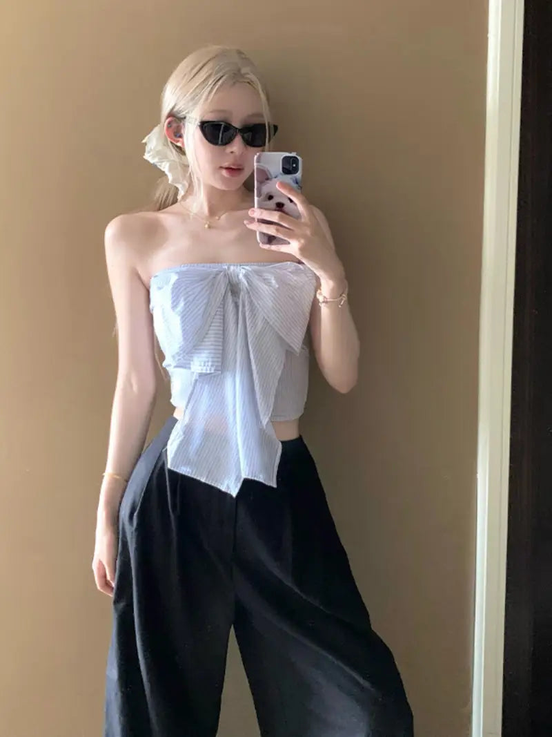 Women Tube Top, Strapless Backless Bowknot Striped Top Slim Summer Ladies Clubwear