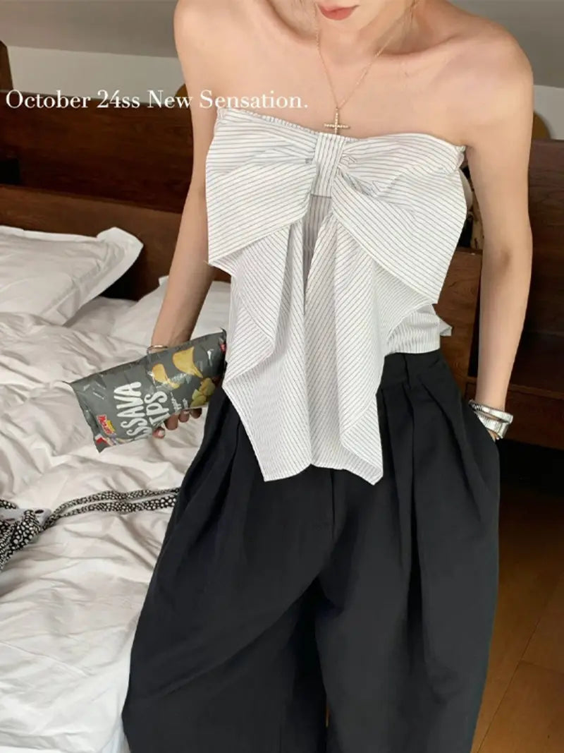 Women Tube Top, Strapless Backless Bowknot Striped Top Slim Summer Ladies Clubwear