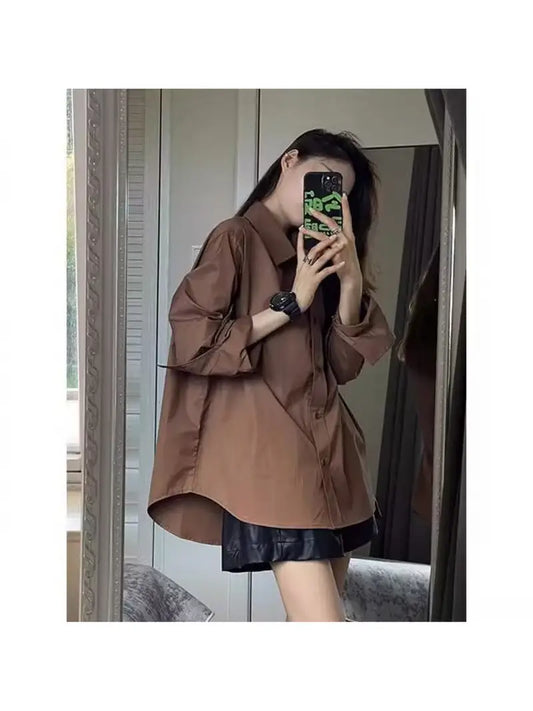 Women'S Oversized Collar Casual Shirt Coat - Coffee Brown Long Sleeve Loose Fit Blazer, All-Season Versatile Layering Piece for Casual and Formal Outfits