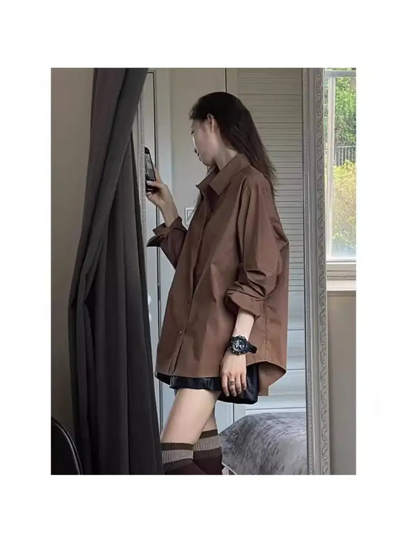 Women'S Oversized Collar Casual Shirt Coat - Coffee Brown Long Sleeve Loose Fit Blazer, All-Season Versatile Layering Piece for Casual and Formal Outfits