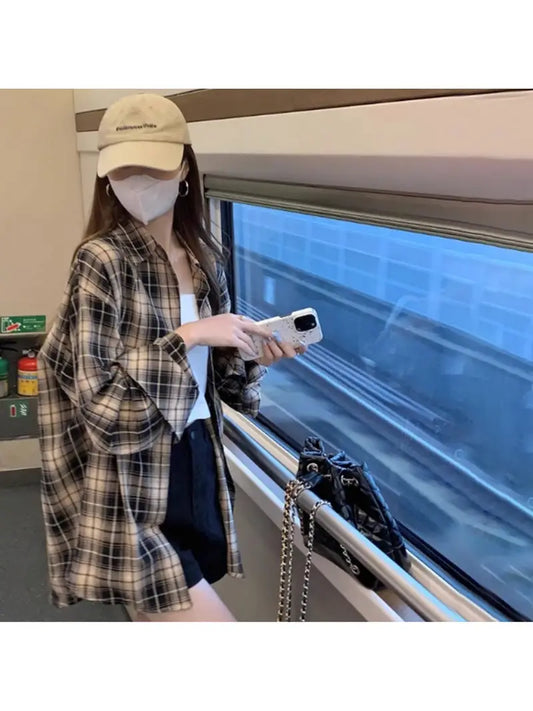 Women'S Lightweight Plaid Shirt Jacket - All-Season Long Sleeve Blouse with Collar, Elegant Beige/Brown/Black/White/Gray Trench Coat for Casual & Formal Outfits