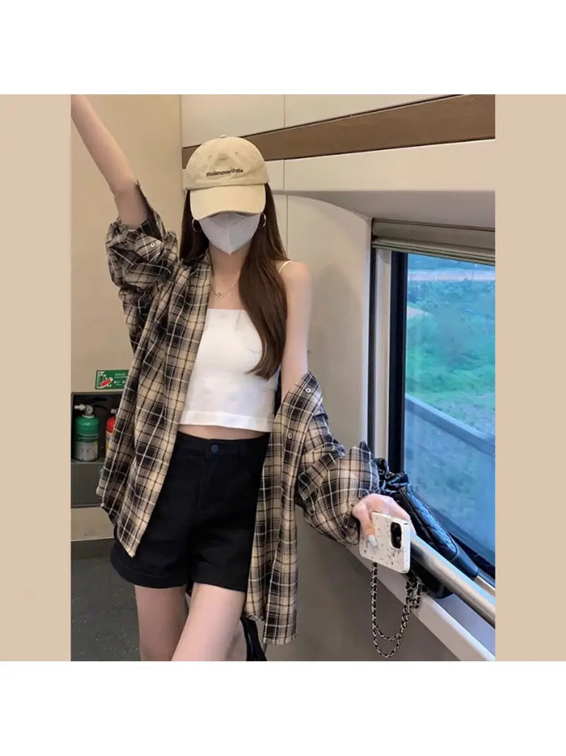 Women'S Lightweight Plaid Shirt Jacket - All-Season Long Sleeve Blouse with Collar, Elegant Beige/Brown/Black/White/Gray Trench Coat for Casual & Formal Outfits